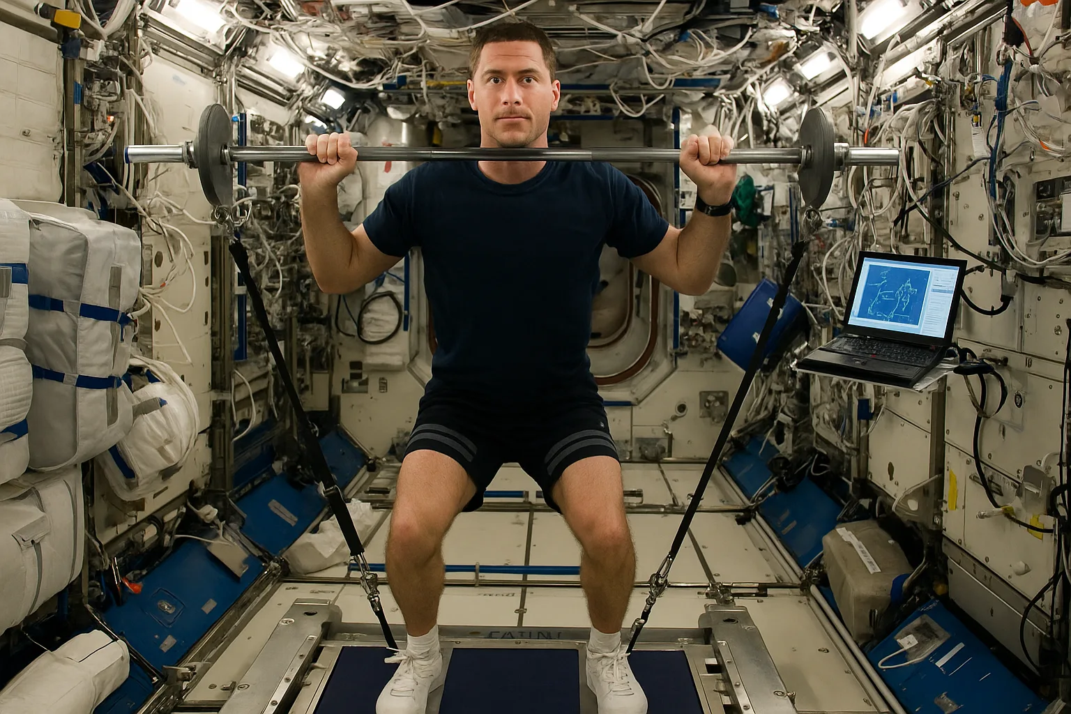 Astronaut trainiert in der ISS mit speziellen Geräten gegen Muskelschwund