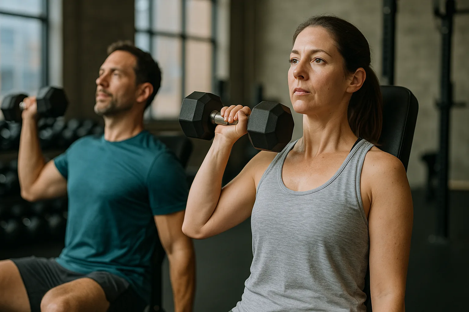 Krafttraining ab 30 für starke Knochen - Mann und Frau beim Hanteltraining