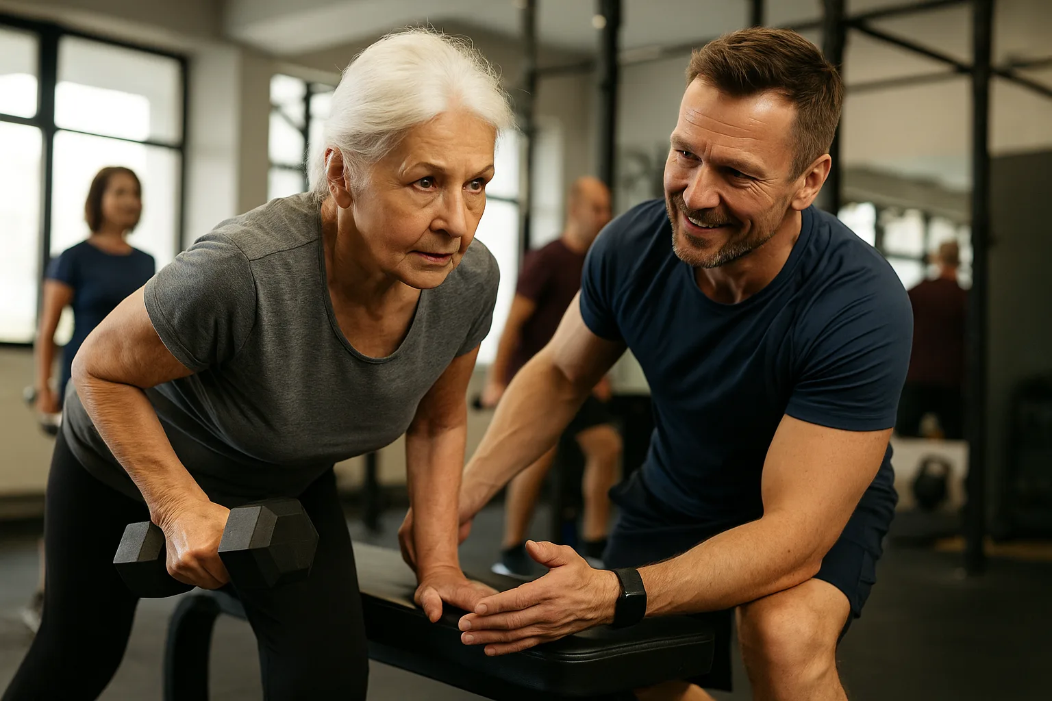 Ältere Frau beim Personal Training mit professionellem Trainer